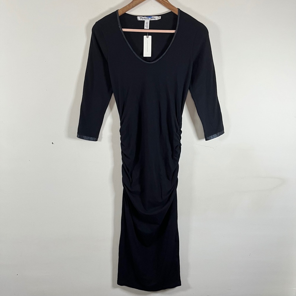 Michael Stars Black Bodycon Ruched Midi Dress 3/4 Sleeves Scoop Neck XS NWT